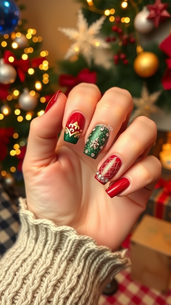 Luxury Christmas nail art in red and green with gold designs and rhinestones, set against a festive holiday backdrop.